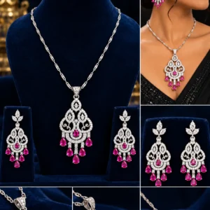 Ruby Pink 925 Sterling Silver Necklace with Earrings